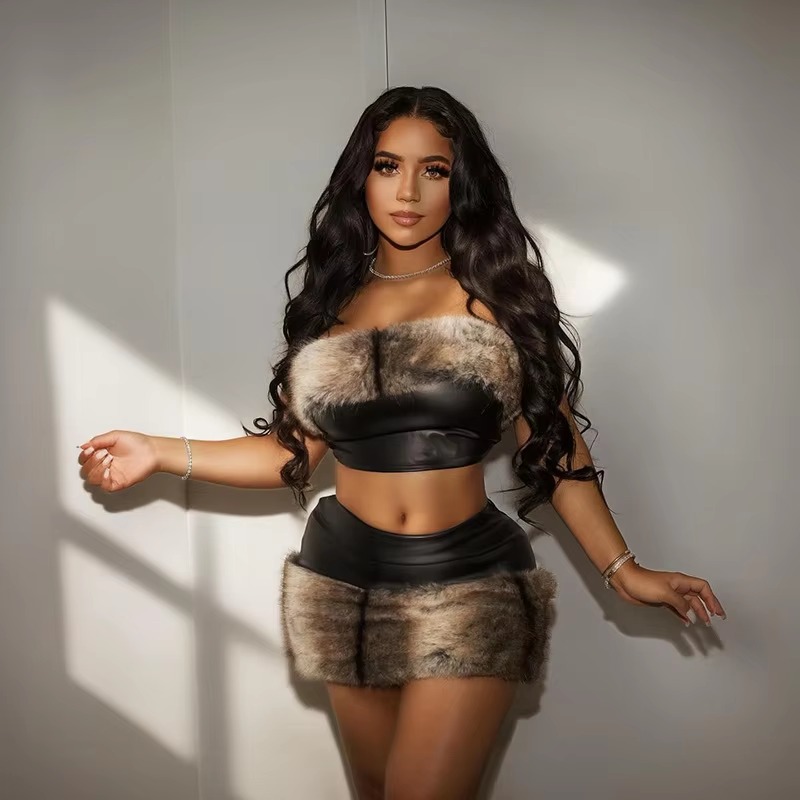 Patchwork Faux Leather Tube Tops and Mini Skirts 2 Piece Sets Party Club Warm Suit