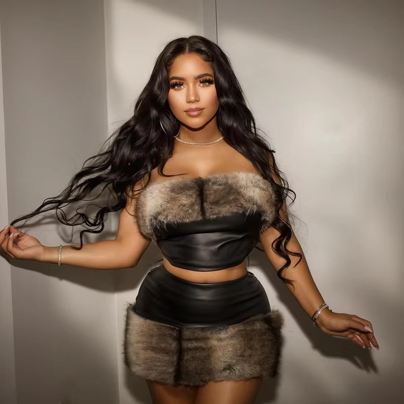 Patchwork Faux Leather Tube Tops and Mini Skirts 2 Piece Sets Party Club Warm Suit - Image 3