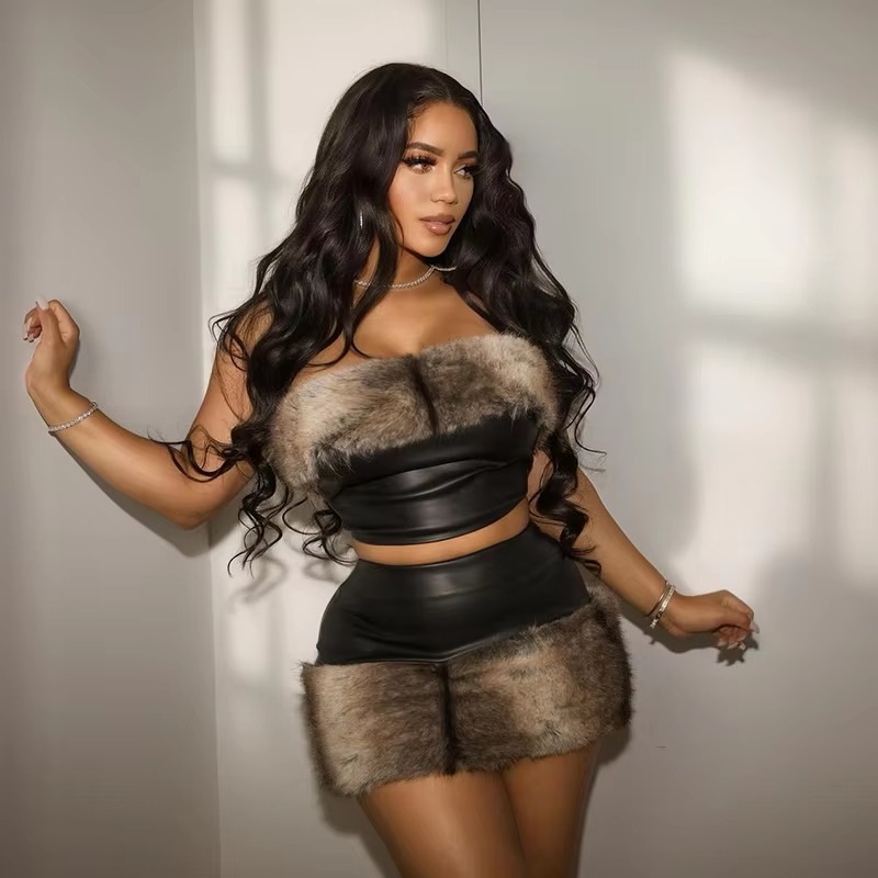 Patchwork Faux Leather Tube Tops and Mini Skirts 2 Piece Sets Party Club Warm Suit - Image 2