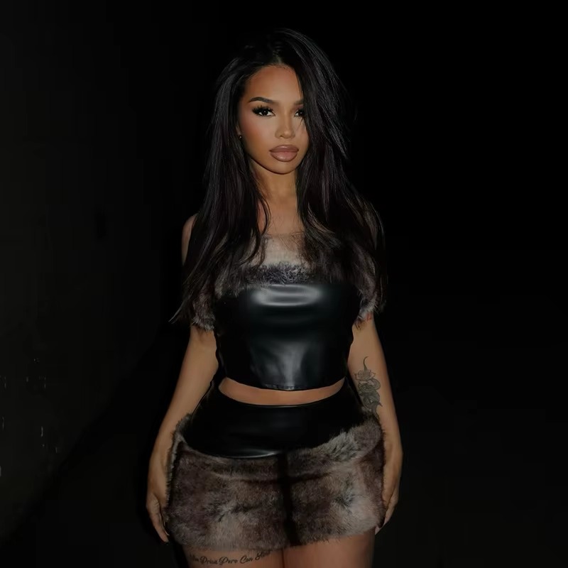 Patchwork Faux Leather Tube Tops and Mini Skirts 2 Piece Sets Party Club Warm Suit - Image 4