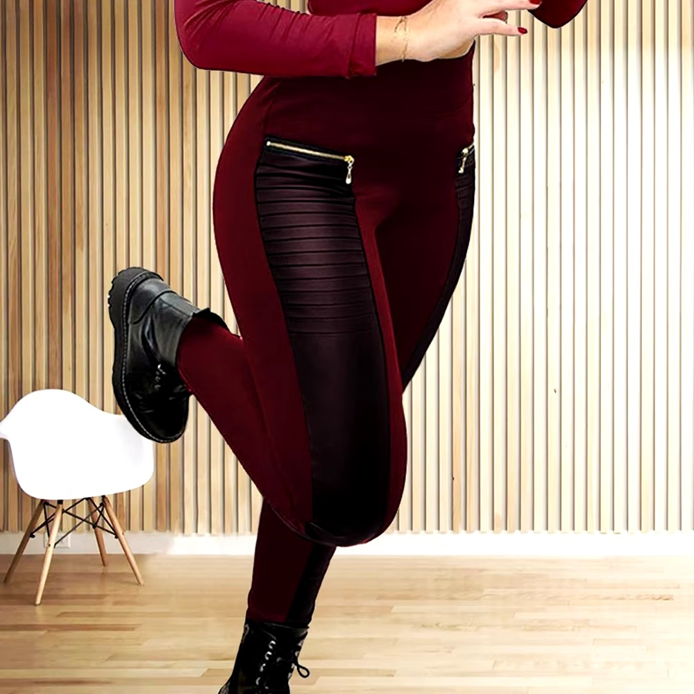 Patchwork PU Leather Zip Up Faux Leather High Waist Pencil Pants - Image 2