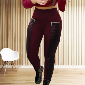 Patchwork PU Leather Zip Up Faux Leather High Waist Pencil Pants