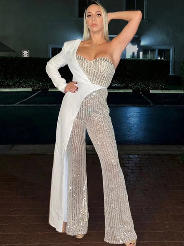 Patchwork Suit Collar Shiny Sequined Full Sleeve Strapless One-Shoulder Jumpsuit - Image 2