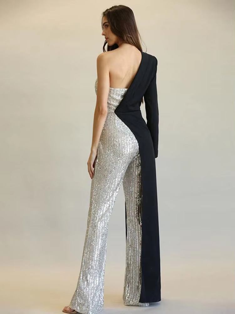 Patchwork Suit Collar Shiny Sequined Full Sleeve Strapless One-Shoulder Jumpsuit - Image 14
