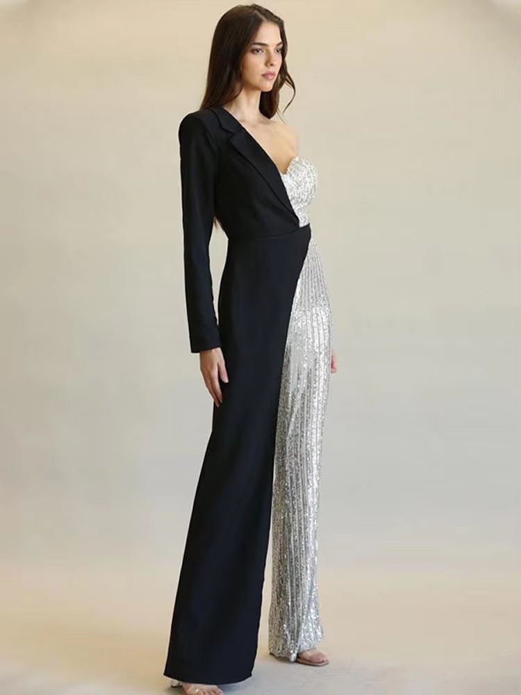 Patchwork Suit Collar Shiny Sequined Full Sleeve Strapless One-Shoulder Jumpsuit - Image 10