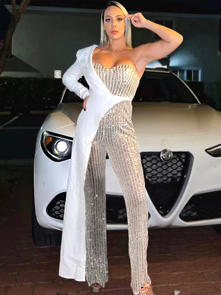 Patchwork Suit Collar Shiny Sequined Full Sleeve Strapless One-Shoulder Jumpsuit - Image 4