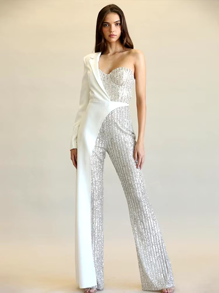 Patchwork Suit Collar Shiny Sequined Full Sleeve Strapless One-Shoulder Jumpsuit