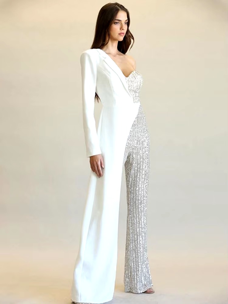Patchwork Suit Collar Shiny Sequined Full Sleeve Strapless One-Shoulder Jumpsuit - Image 5