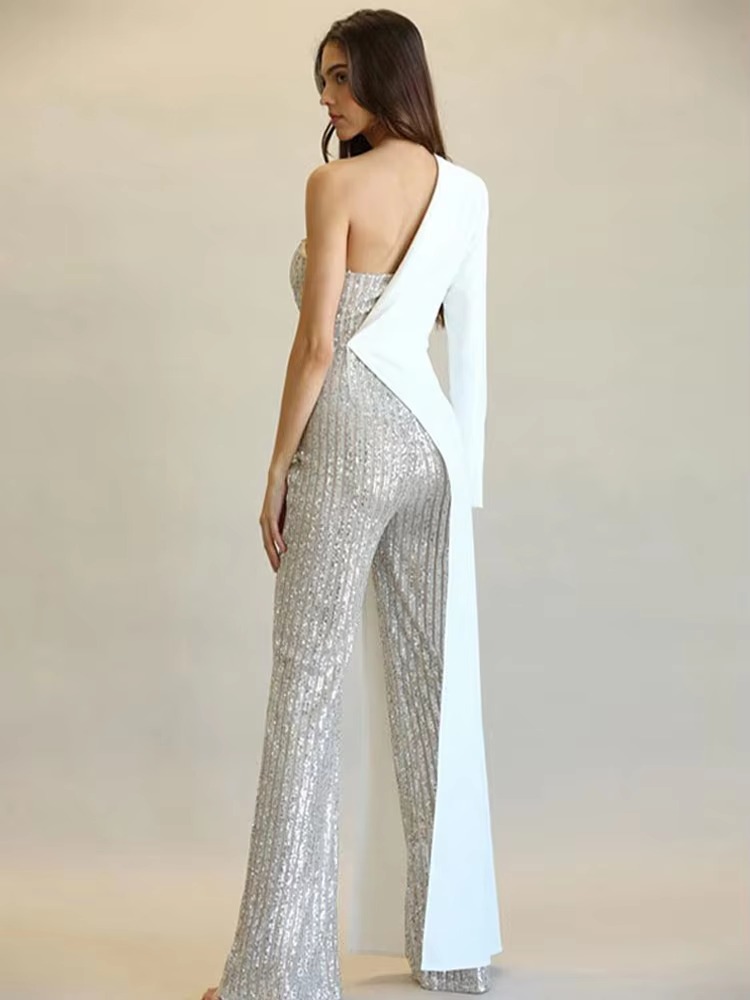 Patchwork Suit Collar Shiny Sequined Full Sleeve Strapless One-Shoulder Jumpsuit - Image 9