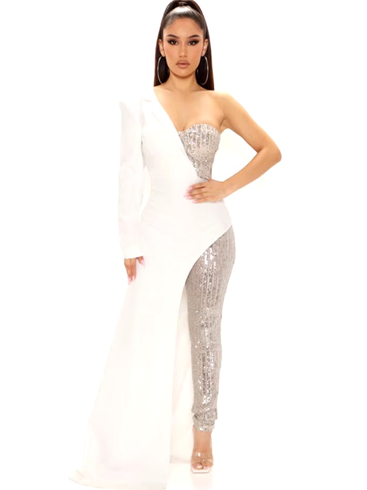 Patchwork Suit Collar Shiny Sequined Full Sleeve Strapless One-Shoulder Jumpsuit - Image 6