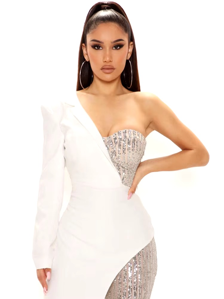 Patchwork Suit Collar Shiny Sequined Full Sleeve Strapless One-Shoulder Jumpsuit - Image 7