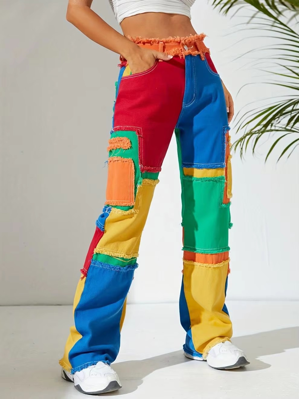 Patchwork zipper fly Color-blocked Street Corner Horn Street Slim Pants - Image 2