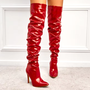 Patent Leather Solid Pointed Toe Stiletto Side Zipper High Heel Knee Boots
