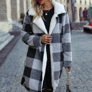 Casual Plaid Print Fleece Long Sleeve Lapel Collar Long Line Jacket