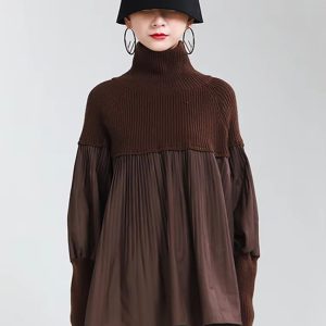 Casual Pleated Knitting Turtleneck Fit Long Sleeve Loose Sweater