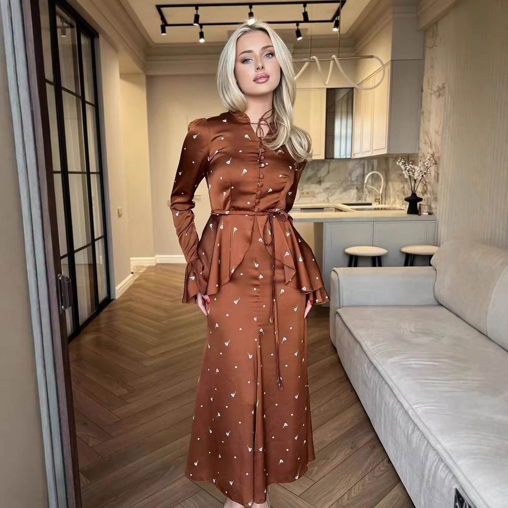 Printed Flared Sleeve Top Bust Skirt Dress Two-piece Set