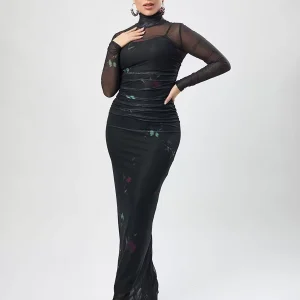 Printed High Collar Pleated Chic Long Sleeves Pencil Bodycon Dress