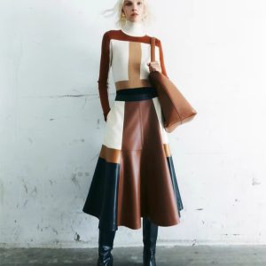 Pu Leather High Waist A line Fashion Patchwork Elegant And Vintage Mini Skirts