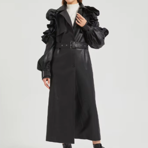 Pu Leather Long Ruffled Fashion Solid Wiast Elegant And Vintage Coat
