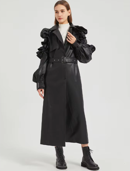 Pu Leather Long Ruffled Fashion Solid Wiast Elegant And Vintage Coat