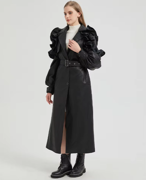 Pu Leather Long Ruffled Fashion Solid Wiast Elegant And Vintage Coat - Image 23
