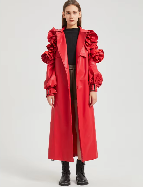 Pu Leather Long Ruffled Fashion Solid Wiast Elegant And Vintage Coat - Image 22