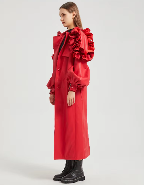 Pu Leather Long Ruffled Fashion Solid Wiast Elegant And Vintage Coat - Image 21