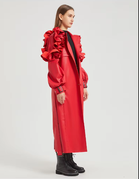 Pu Leather Long Ruffled Fashion Solid Wiast Elegant And Vintage Coat - Image 20