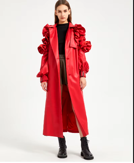 Pu Leather Long Ruffled Fashion Solid Wiast Elegant And Vintage Coat - Image 19