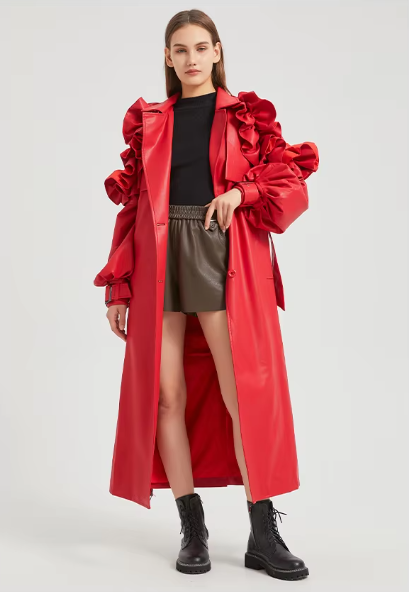 Pu Leather Long Ruffled Fashion Solid Wiast Elegant And Vintage Coat - Image 18