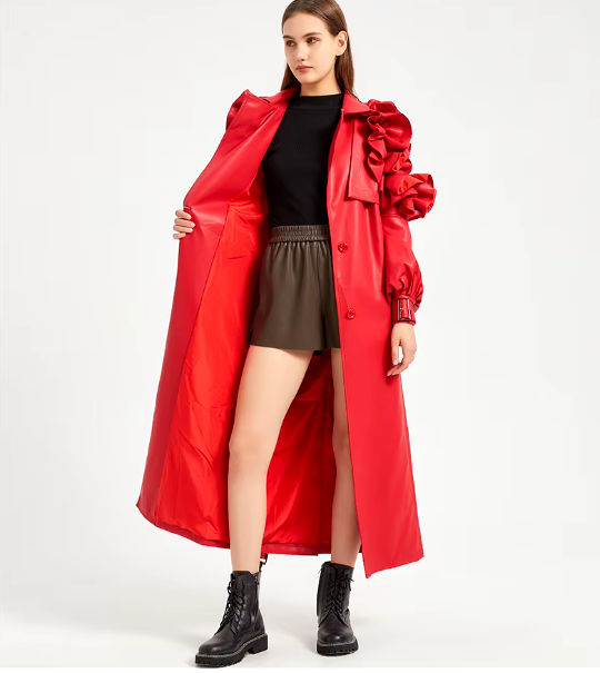Pu Leather Long Ruffled Fashion Solid Wiast Elegant And Vintage Coat - Image 17