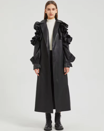 Pu Leather Long Ruffled Fashion Solid Wiast Elegant And Vintage Coat - Image 30