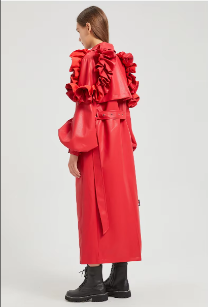 Pu Leather Long Ruffled Fashion Solid Wiast Elegant And Vintage Coat - Image 16