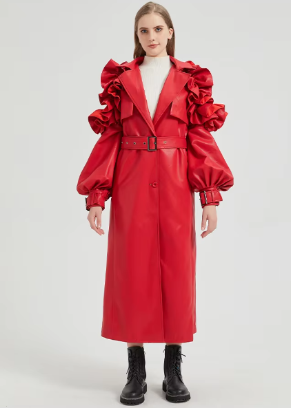Pu Leather Long Ruffled Fashion Solid Wiast Elegant And Vintage Coat - Image 15