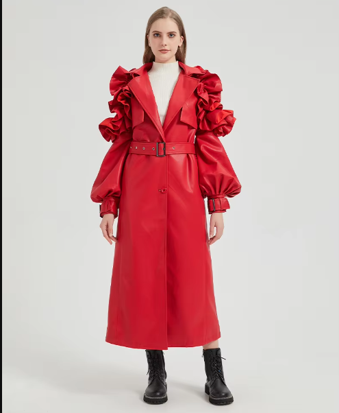 Pu Leather Long Ruffled Fashion Solid Wiast Elegant And Vintage Coat - Image 14