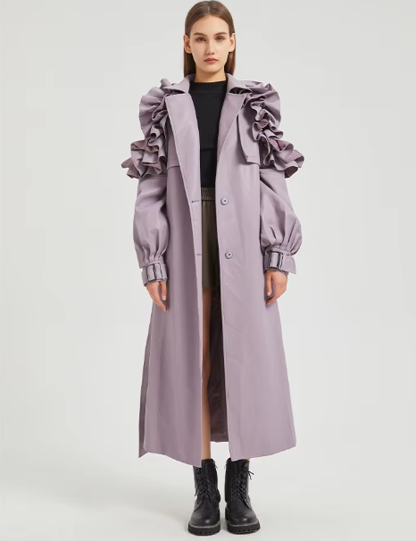 Pu Leather Long Ruffled Fashion Solid Wiast Elegant And Vintage Coat - Image 13