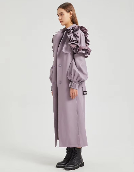Pu Leather Long Ruffled Fashion Solid Wiast Elegant And Vintage Coat - Image 12