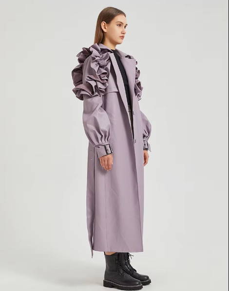 Pu Leather Long Ruffled Fashion Solid Wiast Elegant And Vintage Coat - Image 11