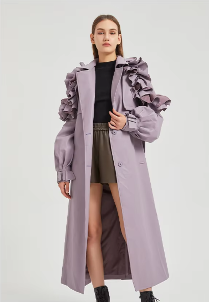Pu Leather Long Ruffled Fashion Solid Wiast Elegant And Vintage Coat - Image 9