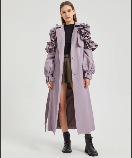 Pu Leather Long Ruffled Fashion Solid Wiast Elegant And Vintage Coat - Image 10