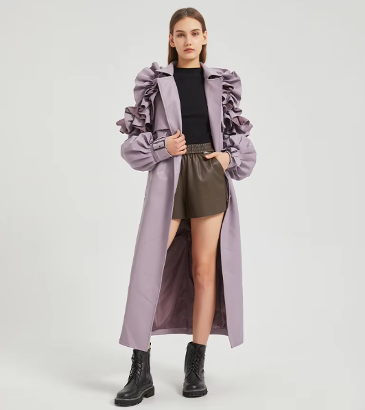 Pu Leather Long Ruffled Fashion Solid Wiast Elegant And Vintage Coat - Image 8