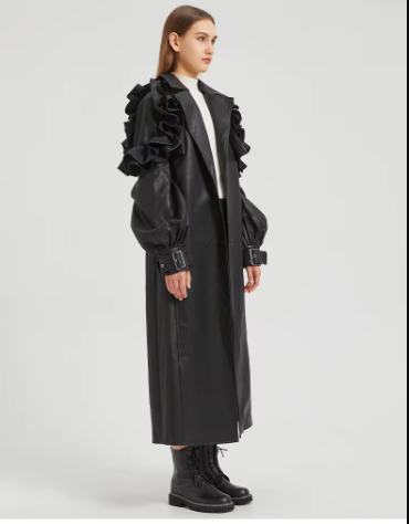 Pu Leather Long Ruffled Fashion Solid Wiast Elegant And Vintage Coat - Image 29