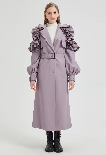 Pu Leather Long Ruffled Fashion Solid Wiast Elegant And Vintage Coat - Image 7
