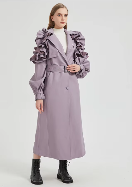 Pu Leather Long Ruffled Fashion Solid Wiast Elegant And Vintage Coat - Image 6