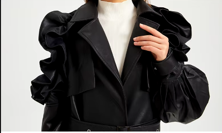 Pu Leather Long Ruffled Fashion Solid Wiast Elegant And Vintage Coat - Image 5