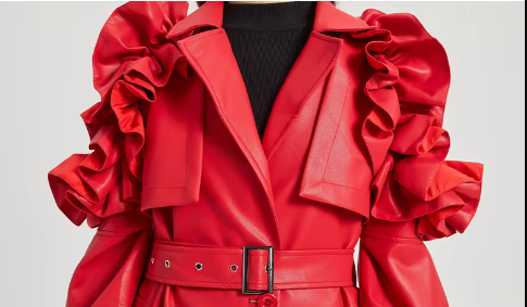 Pu Leather Long Ruffled Fashion Solid Wiast Elegant And Vintage Coat - Image 4