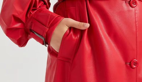 Pu Leather Long Ruffled Fashion Solid Wiast Elegant And Vintage Coat - Image 3