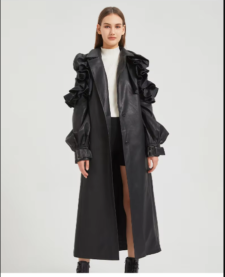 Pu Leather Long Ruffled Fashion Solid Wiast Elegant And Vintage Coat - Image 28