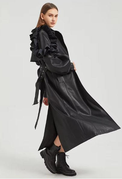 Pu Leather Long Ruffled Fashion Solid Wiast Elegant And Vintage Coat - Image 27