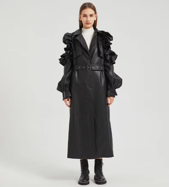 Pu Leather Long Ruffled Fashion Solid Wiast Elegant And Vintage Coat - Image 26